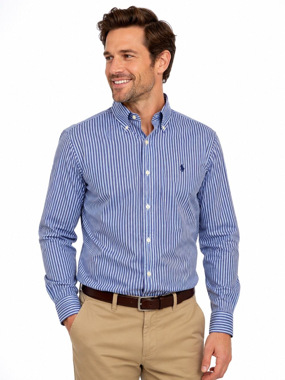 Ralph Lauren Custom Fit Blue White Striped Button Down Shirt, Men's 15.5, 32/33